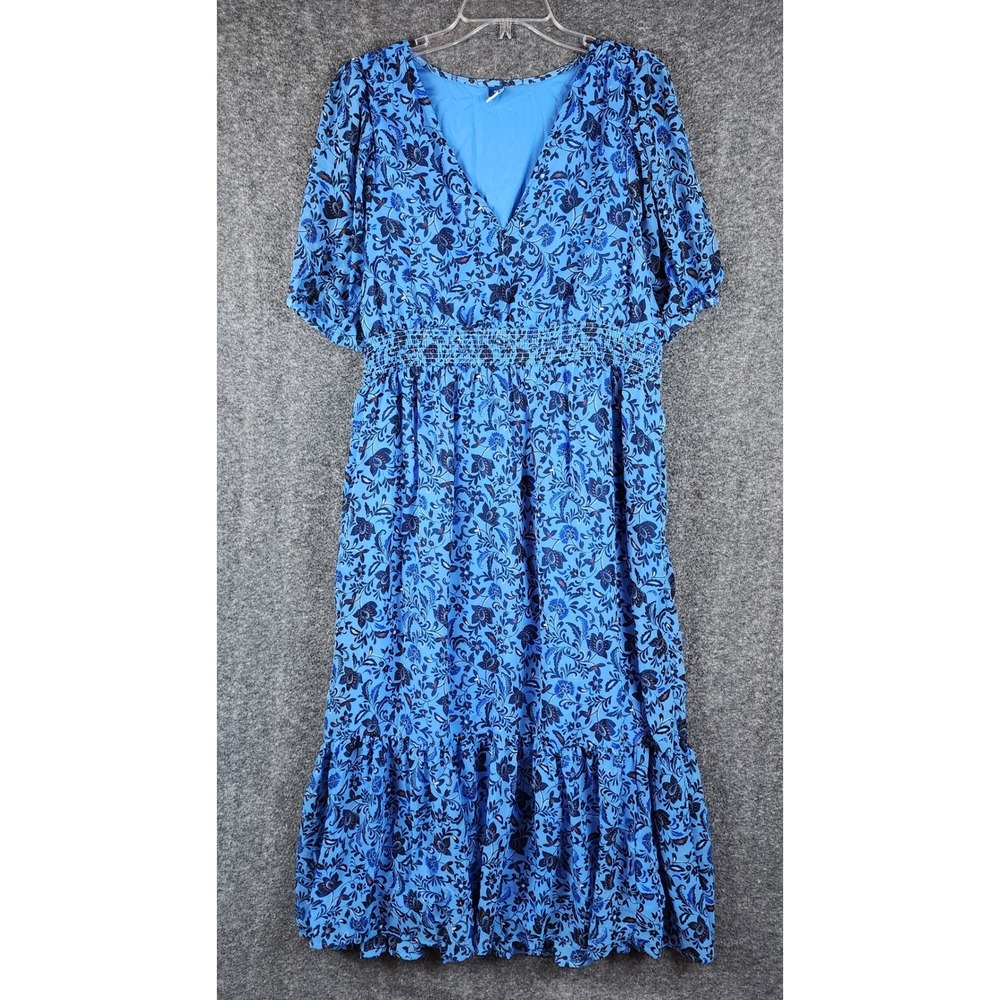 Old Navy Dress Womens XL Fit & Flare Blue Floral Smocked Tiered Midi EUC